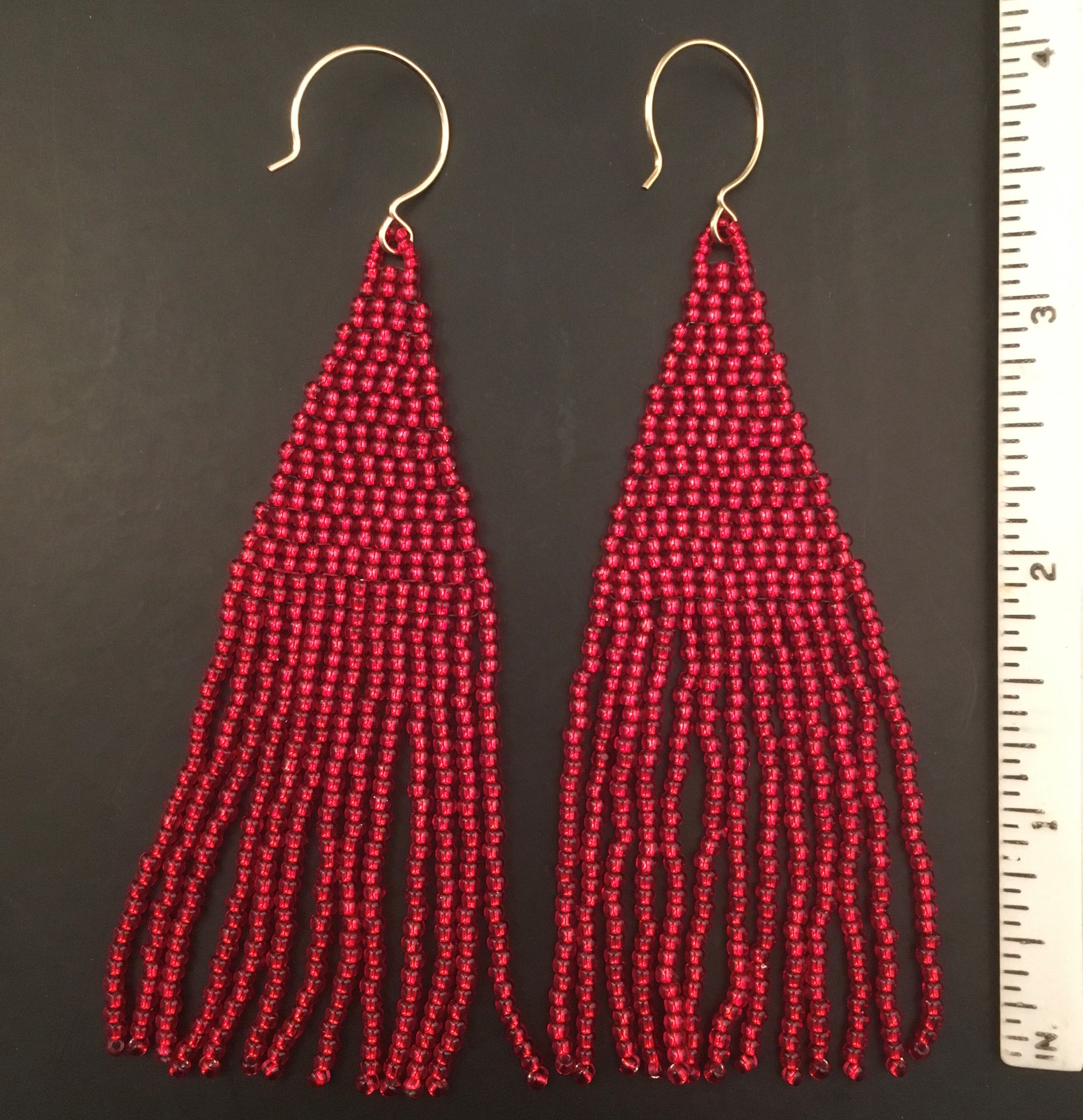 Duster Length Beaded Tassel Fringe Earrings in Ruby Red