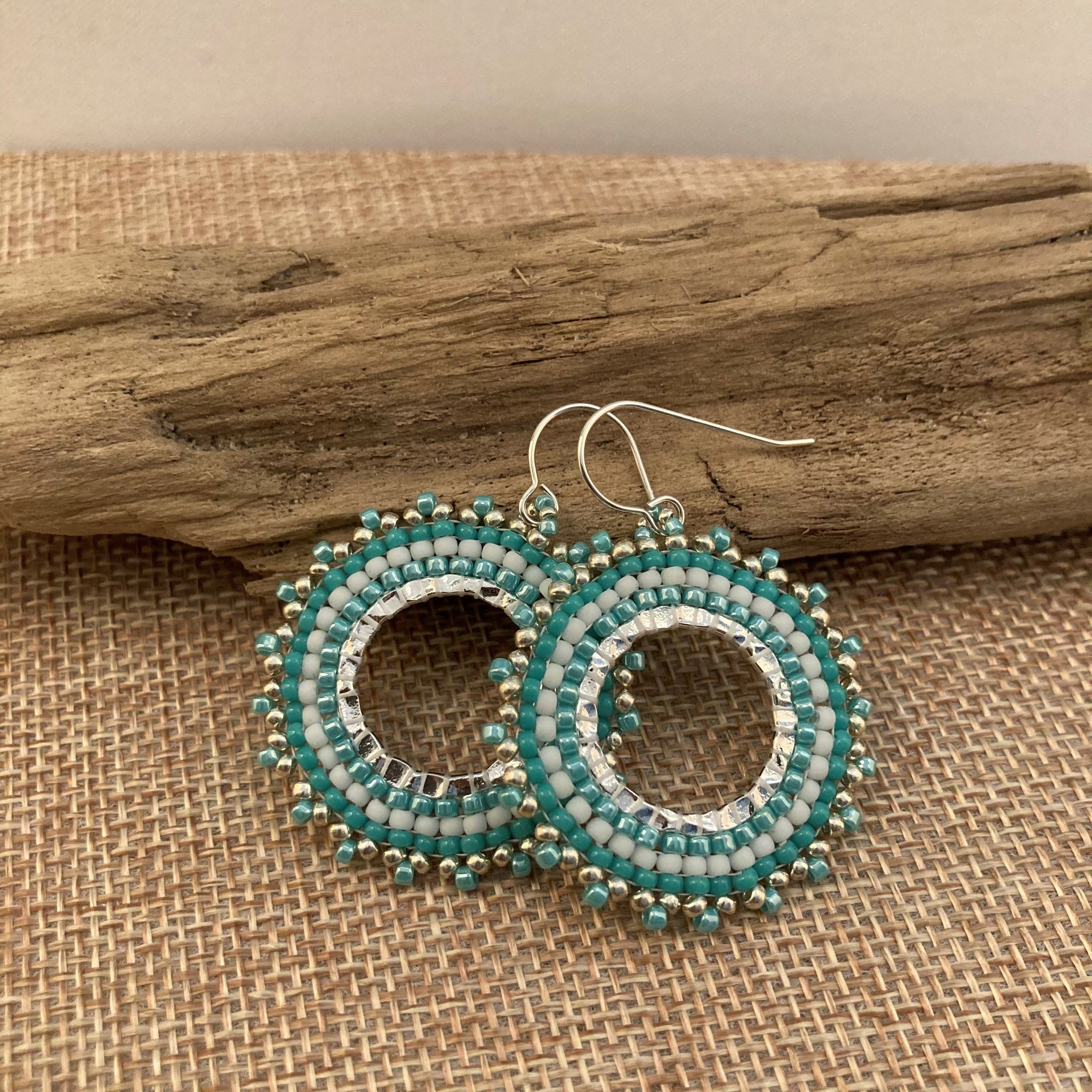 Petite Beaded Hoops in Turquoise and White
